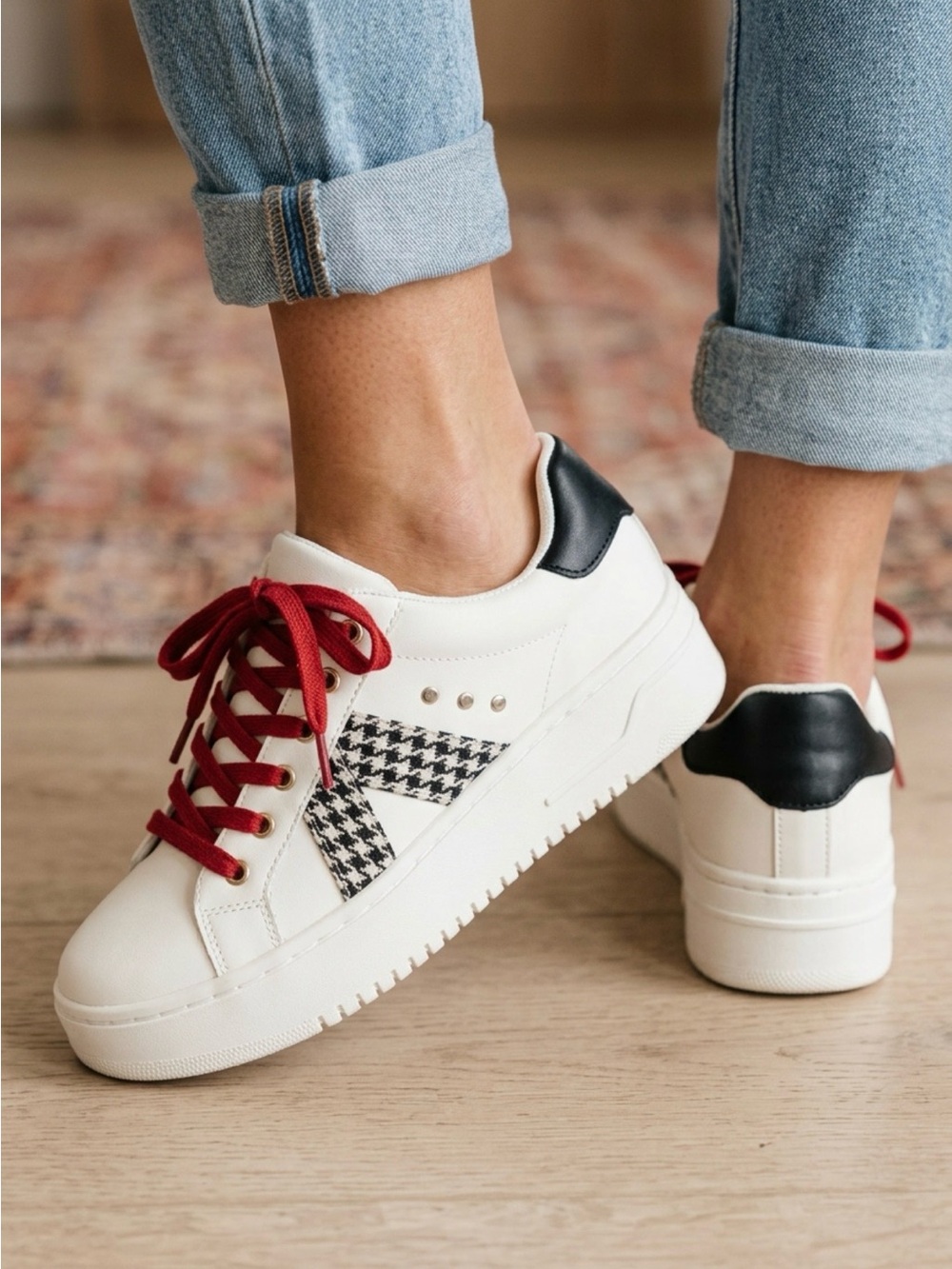 Platform Houndstooth Accent Sneakers with Red Laces